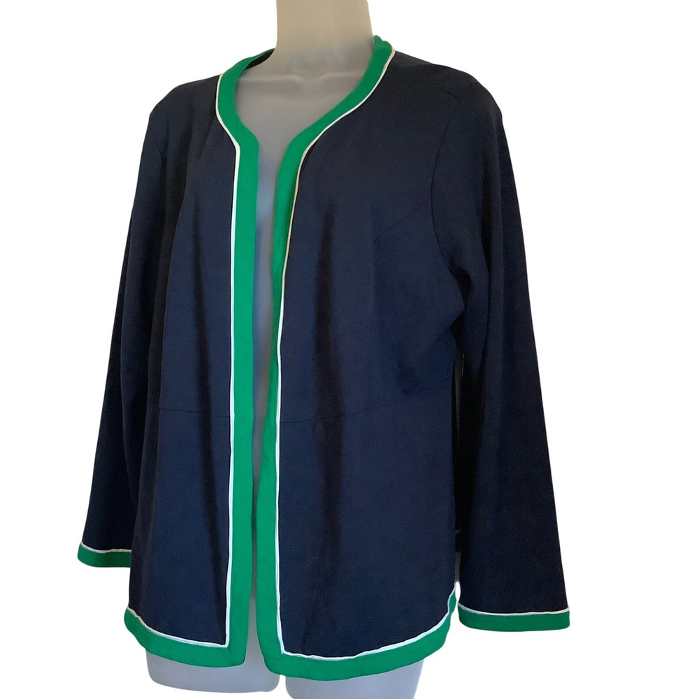 J. Jill Wearever‎ Navy Blue Green Trim Peplum Open Front Cardigan Jacket XL